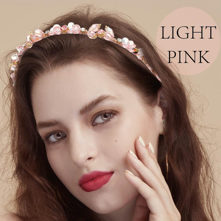 Coridy Pink Rhinestones Headbands for Women Crystal Beaded Hairbands Baroque Thin Hair Hoops Bejeweled Headband for Wome