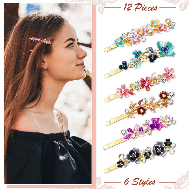 WILLBOND 12 Pieces Vintage Flower Hair Pins Women Barrette Bobby Pins Decorative Metal Gold Tone Hairpins Colorful Flora