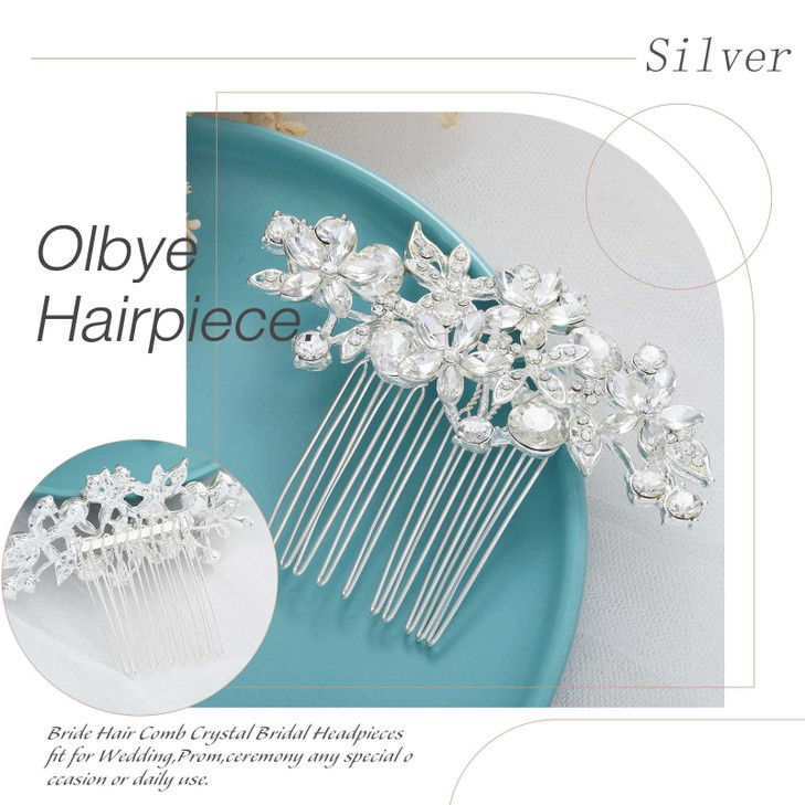 Olbye Wedding Hair Comb Rhinestone Bridal Pieces Flower Silver Crystal Headpiece for Bridesmaids and Brides Silver