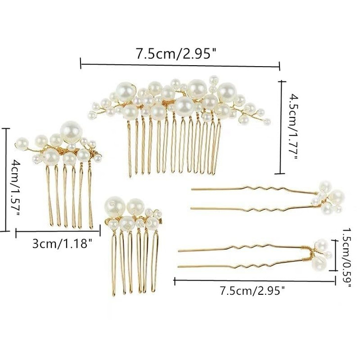 5 PCS Vintage Pearl Hair Combs and Pins Set for Brides Bridesmaids Flower Girls Gold
