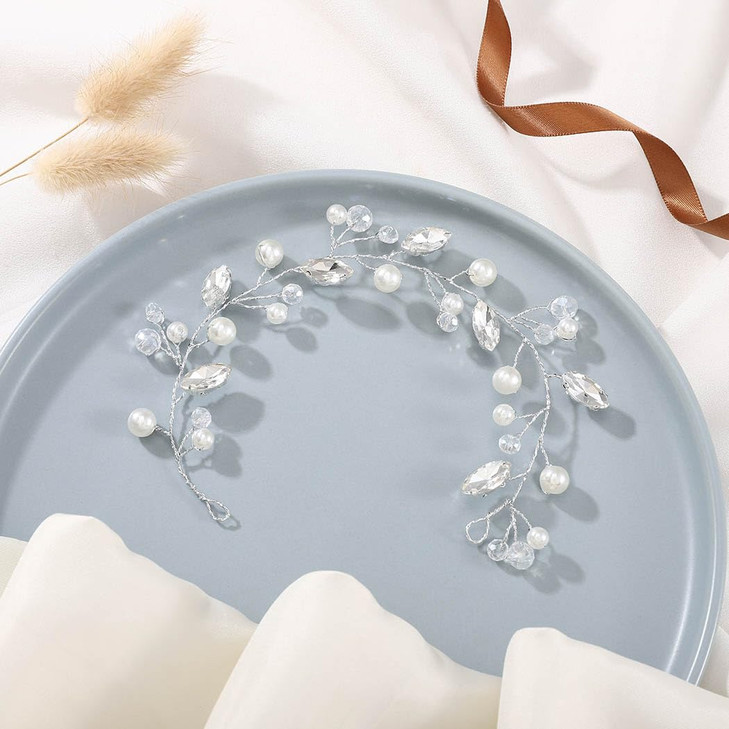 JONKY Bridal Hair Vine Wedding Rhinestone Head Piece Silver Bride Pearl Headband Crystal Hair Accessories for Women