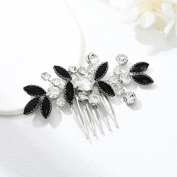 Catery Rhinestone Bride Wedding Hair Comb Black Crystal Side Comb Bridal Hair Piece Leaf Headpiece Bridesmaid Hair Acces
