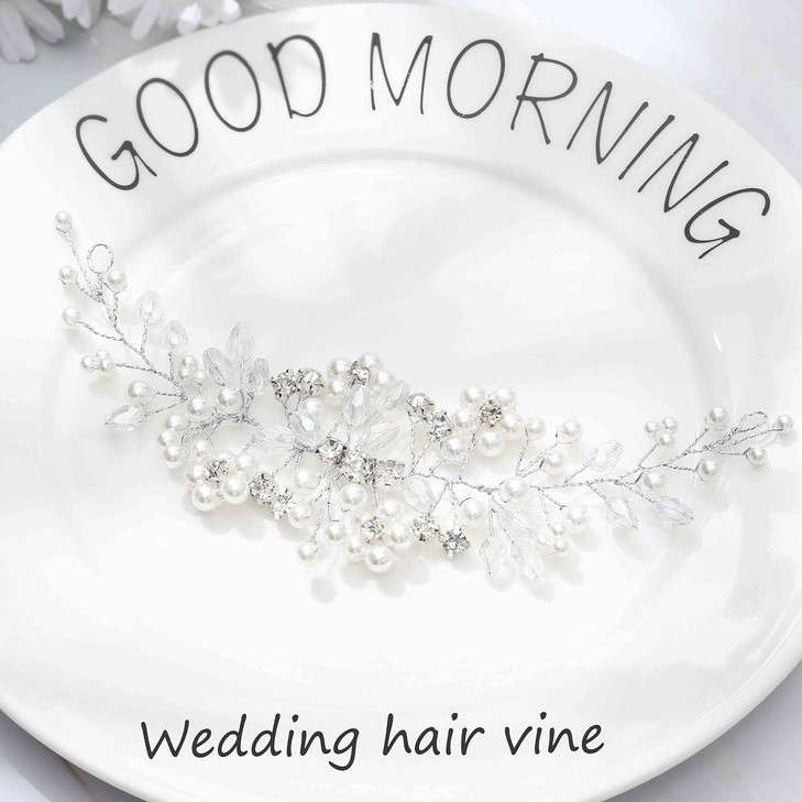 JONKY Pearl Bride Wedding Hair Vine Silver Rhinestone Headpiece Bridal Hair Accessories for Women