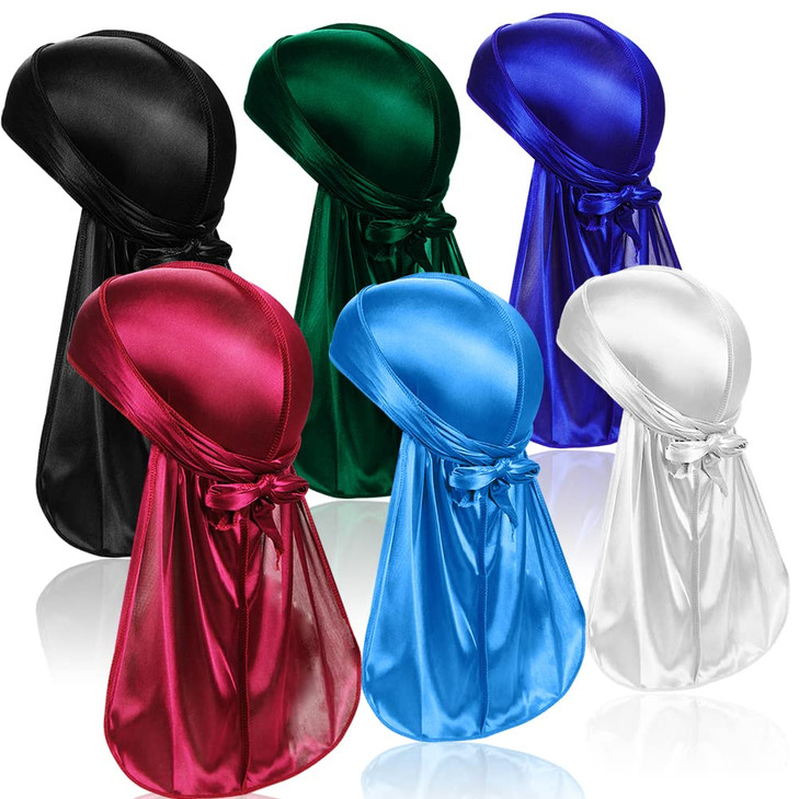 6 Pcs Silky Durag Headwraps Dorag for Men Women Waves Durags Pack with Long Tail and Wide Straps 6 Colors