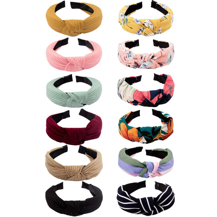 VELSCRUN 12 Pcs Womens Headbands Knotted Headbands for Women Wide Headband Boho Bandeau Knot Turban Headband Hair Band E