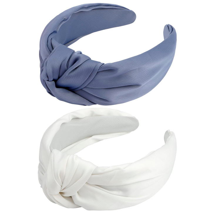 VELSCRUN White Blue Satin Knotted Headband Wide NonSlip Silk Turban Headbands for Womens Fashion Hair Styling Accessorie