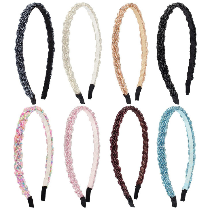 FASOTY 8 Pieces Beaded Headband Sparkly Crystal Beaded Hair Hoop Colorful Braided Thin Headbands for Women Girls Fashion