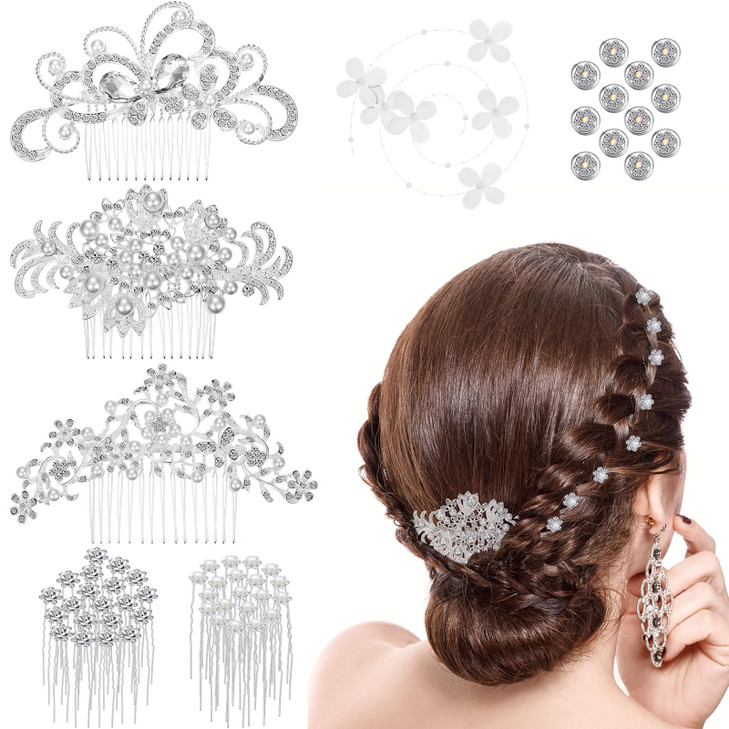 Boao 56 Pieces Bride Hair Accessories for Wedding Crystal Pearl Bridal Headpiece Hair Comb Rhinestone Clips Bridesmaid F