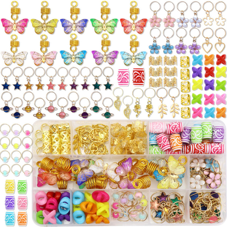 NAISKA 140Pcs Gold Butterfly Hair Jewelry for Braid Colorful Star Flowers Pendant Loc Dreadlocks Accessories Acrylic Bea