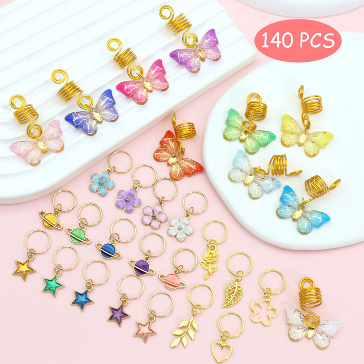 NAISKA 140Pcs Gold Butterfly Hair Jewelry for Braid Colorful Star Flowers Pendant Loc Dreadlocks Accessories Acrylic Bea