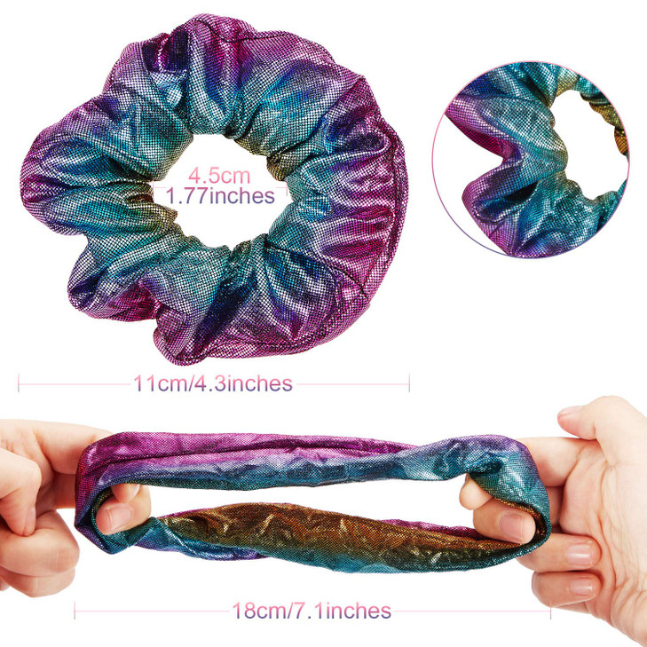 Tatuo 30 Pieces Galentines Day Rainbow Metallic Scrunchies for Girls Large Shiny Colorful Elastic Hair Ties and Neon Rop