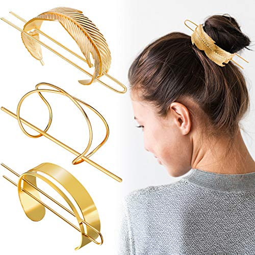 3 Pieces Gold Hair Accessory Set Feather XShaped Bun Clip Stick and Round Top