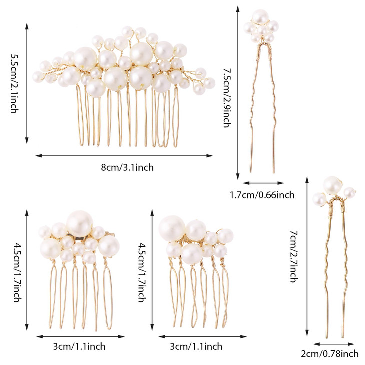 5PCS Pearl Hair Comb Set Gold UShape Side Comb Vintage Hair Clips and Headpiece Accessories for Brides