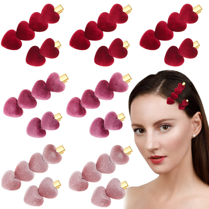 Syhood 24 Pieces Heart Hair Clips Valentines Day Hair Accessories Lovely Velvet Heart Clips Solid Hairpin Hair Clips for