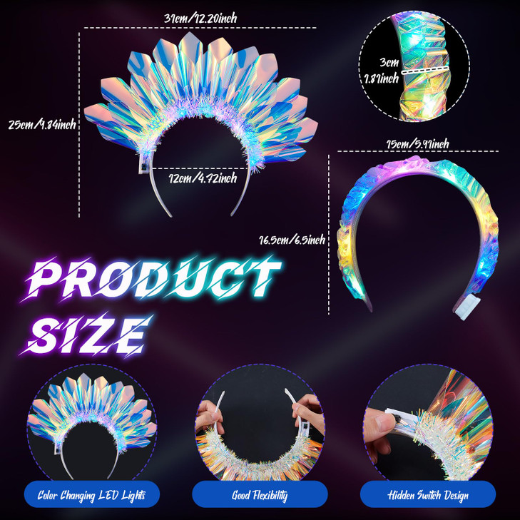 8 Pcs Light up Headbands Crown LED Easter Glitter Headband Hoop Glow Rave Costume Headpiece for Women Tiara Party Birthd