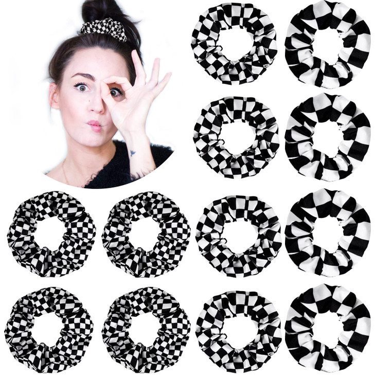 12 Pieces Checkered Scrunchies Hair Ties Christmas Buffalo Plaid Elastic Ponytail Holders in Black and White for Girls a