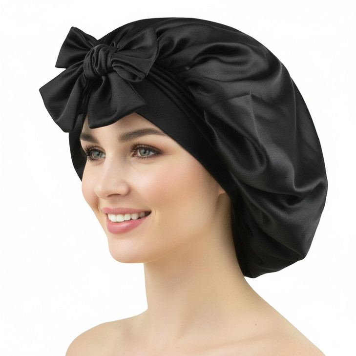 Black Satin Bonnet for Sleeping Women Curly Hair Large Silk Bonnet with Tie Band Satin Sleep Cap Men Silk Sleeping Night