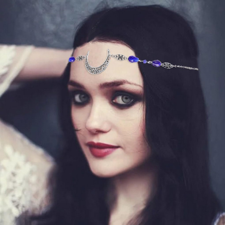 Yalice Boho Crescent Moon Head Chain Vintage Black Crystal Headband Chain Rhinestone Headpieces Witchy Forehead Chain fo