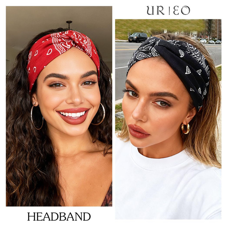 Urieo Bandana Headband Paisley Knotted Hair Bands Stretchy Head Turban Sport Yoga for Women