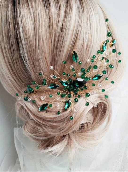 Teyglen Bridal Wedding Hair Comb Green Rhinestone Crystal Side Hair Comb Flower Headpiece for Women Bride Hair Accessori