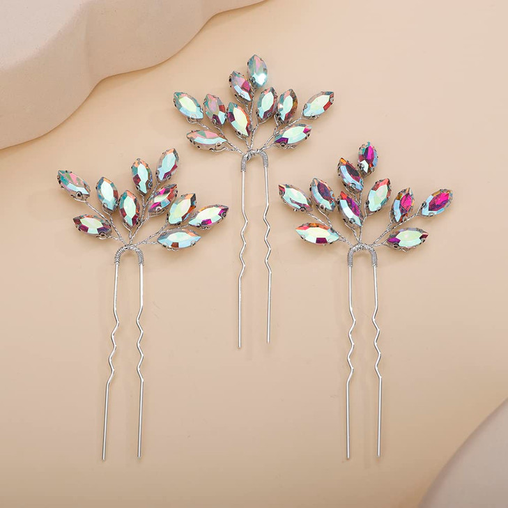 Teyglen 3pcs Bridal Crystal Hair Pins Rhinestones Hair Pieces Simple Crystal Wedding Hair Accessories Handmade Hair Pins