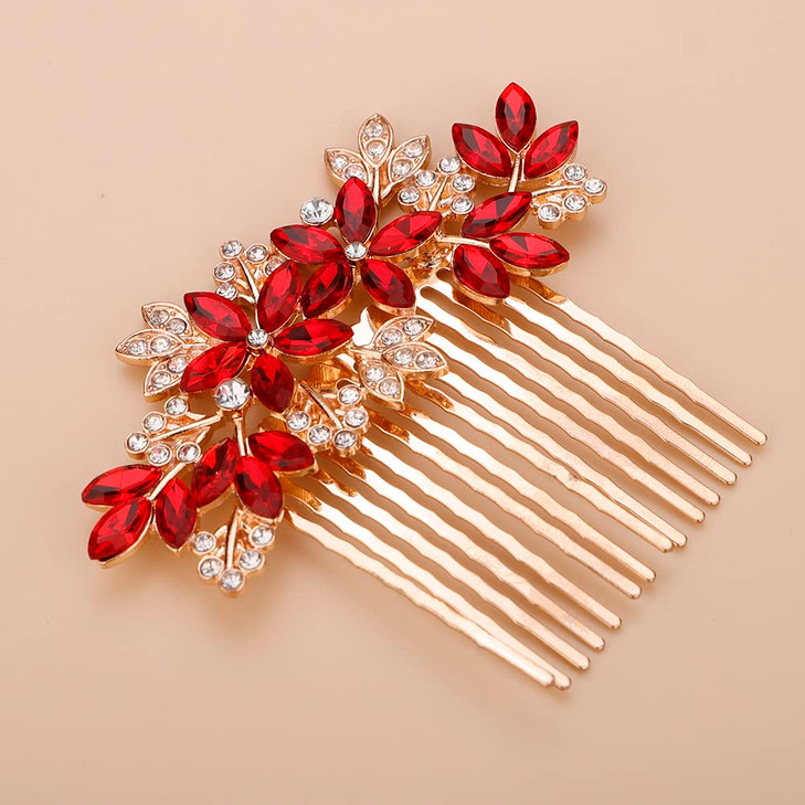 Teyglen Womens Dainty Silver Gold Rhinestones Hair Comb Luxurious Hair Accessories with Shiny Red Blue Rhinestones Brida