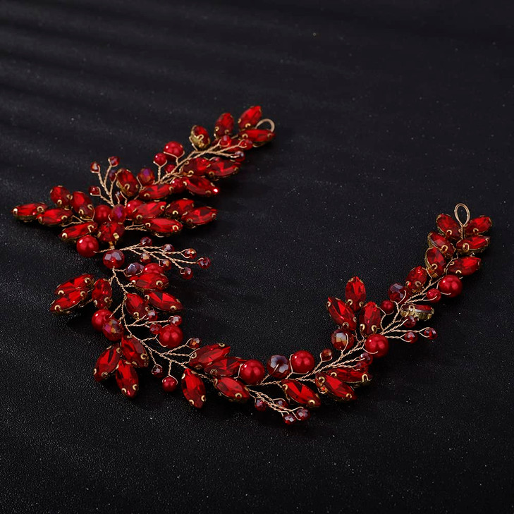 Teyglen Rhinestones Pearls Crystal Bridal Headband Hair Vine Handmade Headpieces for Brides and Women Red
