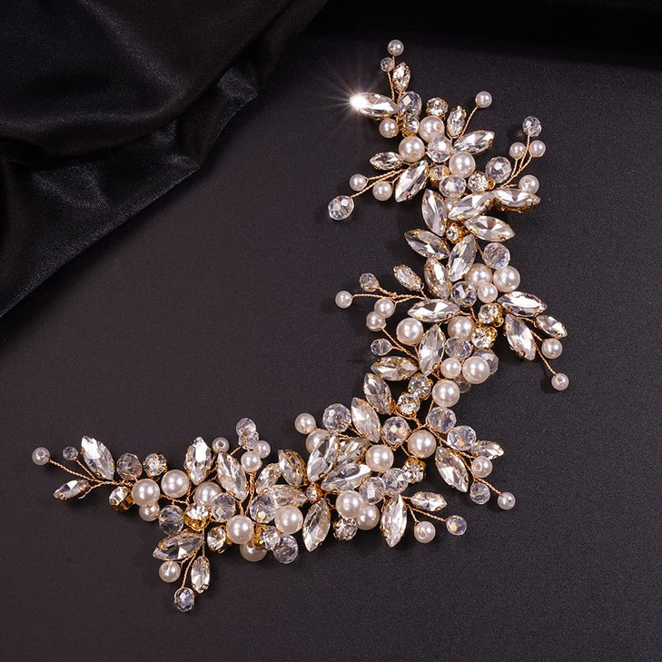 Teyglen Rhinestones Pearl Crystal Large Headband Hair Vine Bridal Flower Headband Wedding Hair Accessories Hair Piece Go