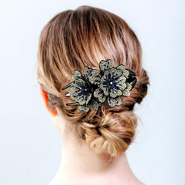 4 Pack of Fancy Crystal Rhinestone Double Flower Duckbill Clip Luxury Blingbling Gems Hair Clips for Women Thick Hair De