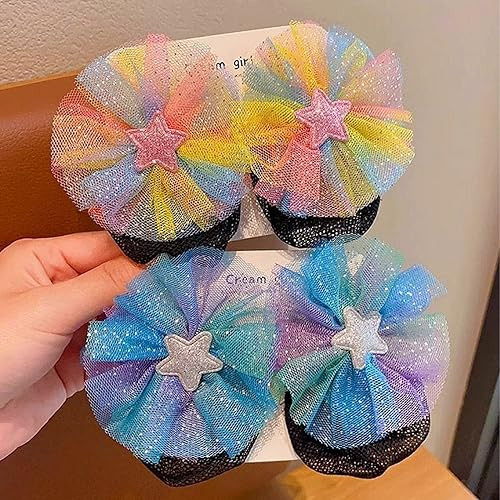 AsggBah 4pcs 2Pairs Floral Bow Hair Clips Hair Barrettes with Colored Bows Bun Covers for Girls Hair Net Accessories for