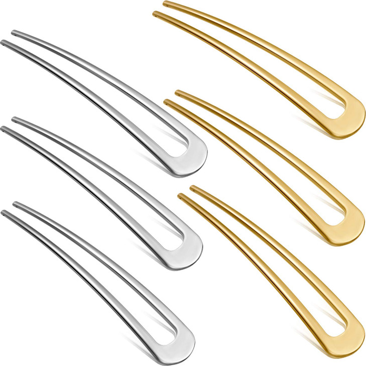 WILLBOND 6 Pcs French Hair Pins for Women French Twist Hairpins 4 Inch Metal Hair Forks U Shaped Long Chignon 2 Prong St