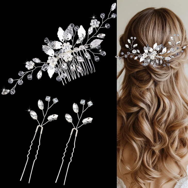 Crystal Wedding Hair Accessories Hair Comb with Rhinestone Hair Pins and Pearls for Bride Bridesmaids Flower Girls Silve