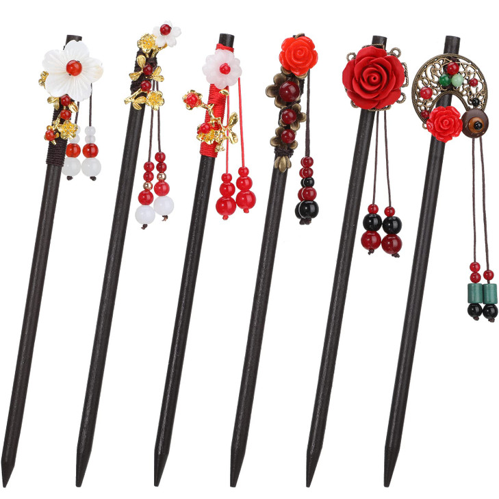 WILLBOND 6 Pcs Chinese Hair Sticks Japanese Vintage Wooden Chopsticks Accessories for Women Asian Floral Stick Classic R