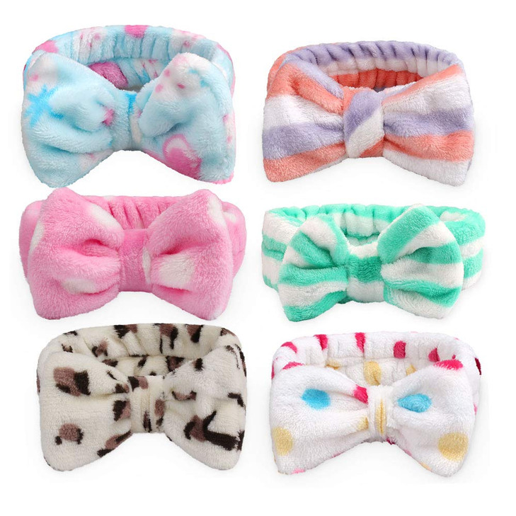 AOPRIE 6 Pieces Womens Spa Headbands Soft Coral Fleece Bow Hair Wraps for Facial Makeup Face Washing and Shower