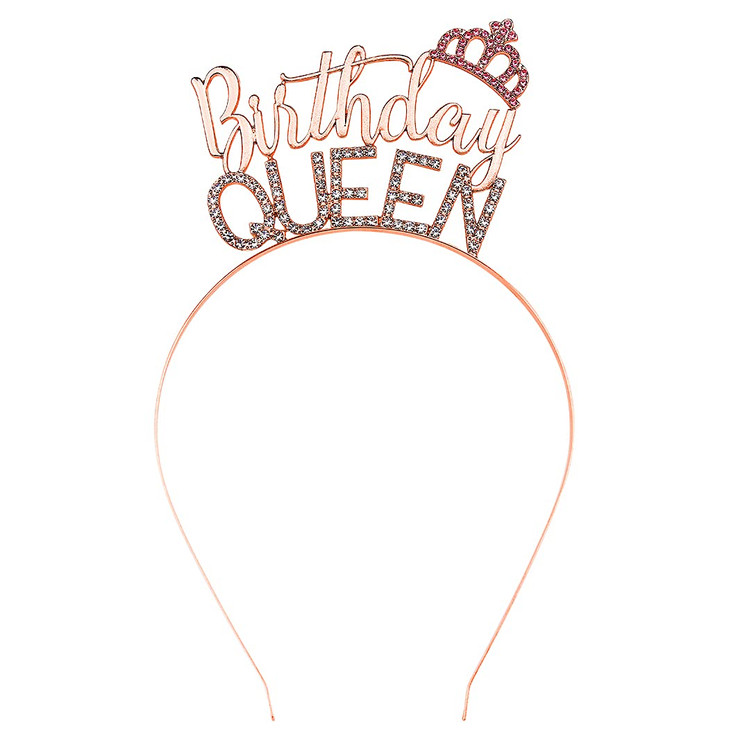 AOPRIE Rose Gold Birthday Queen Headband Girls Women Princess Crown Tiara Rhinestone Happy Birthday Hair Accessory