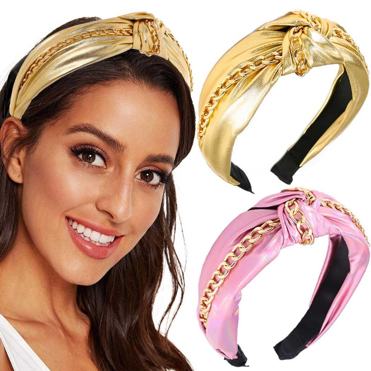 Bouory Knotted Wide Headbands Glitter Turban Hairband Gold Chain Head Bands Shiny Metallic Head Band for Women 2PCS Type