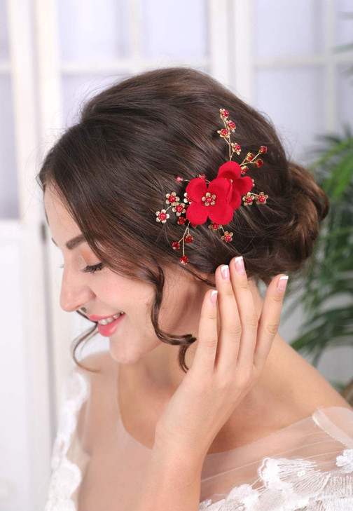 Sither Red Hair Clip for Bridal Floral Hair Comb for Women Wedding Hair Accessories for Bride Hair Clip Headpiece for We