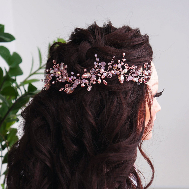 Kercisbeauty Wedding Pink Crystal Pearl Rose Gold Boho Headband for Bride Bridal Headpiece Bridesmaid Flower Girl Hair A