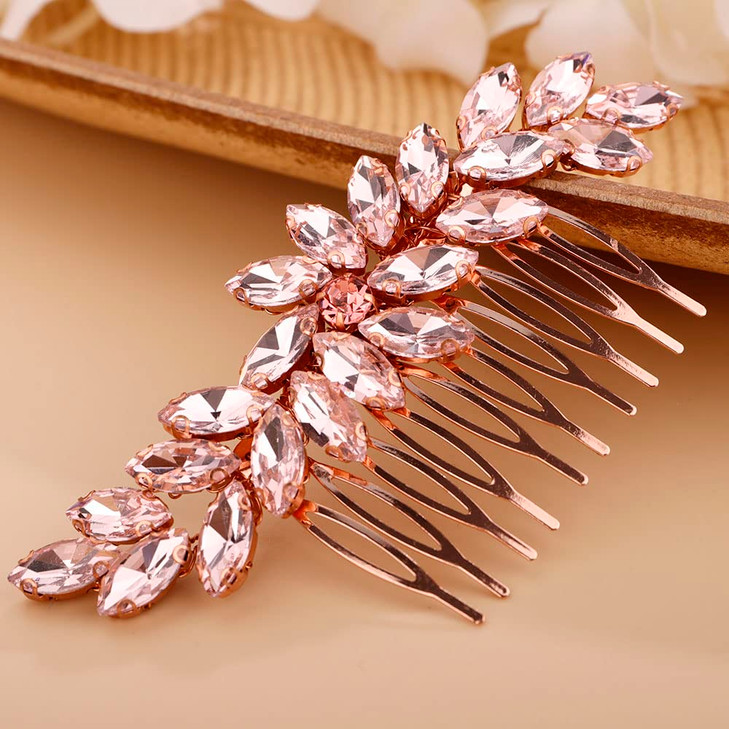 Chargances Crystal Bride Wedding Hair Comb Pink Rhinestone Headpiece Fashion Handmade Hair Accessories for Bridal Weddin