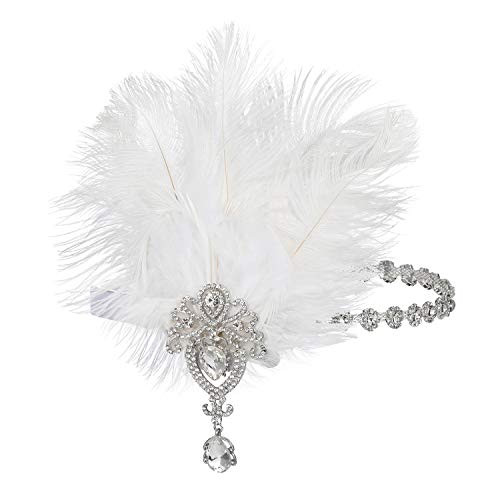SWEETV 1920s Feather Headpiece Ivory Womens Ostrich Feather Crystal Headband Great Gatsby Hair Accessories for Women Rib