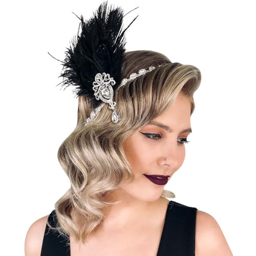SWEETV 1920s Feather Headpiece Black Womens Ostrich Feather Crystal Headband Great Gatsby Hair Accessories for Women Rib