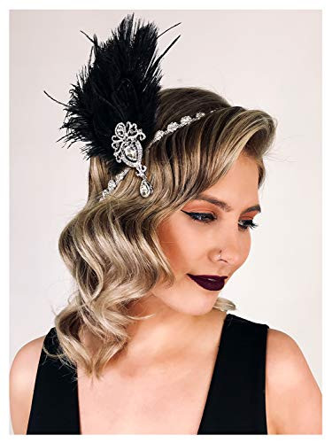 SWEETV 1920s Feather Headpiece Black Womens Ostrich Feather Crystal Headband Great Gatsby Hair Accessories for Women Rib