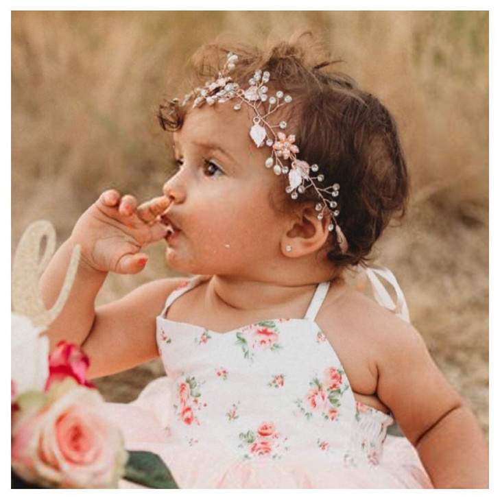 SWEETV Flower Girl Headband for Wedding Babys Breath Hair Piece Rose Gold Headpiece for Birthday Party Photography