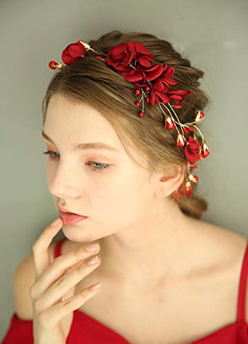 Chargances Wedding Bride Floral Red Headband Crystal Gold Hair Vine with Pearl Rhinestone Hair Accessory Boho Delicate H