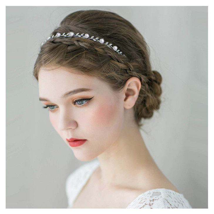 SWEETV Pearl Silver Bridal HeadbandSingle Hair Band Tiara Flower Wedding Headpiece Jewelry Bridal Hair Accessoires for W