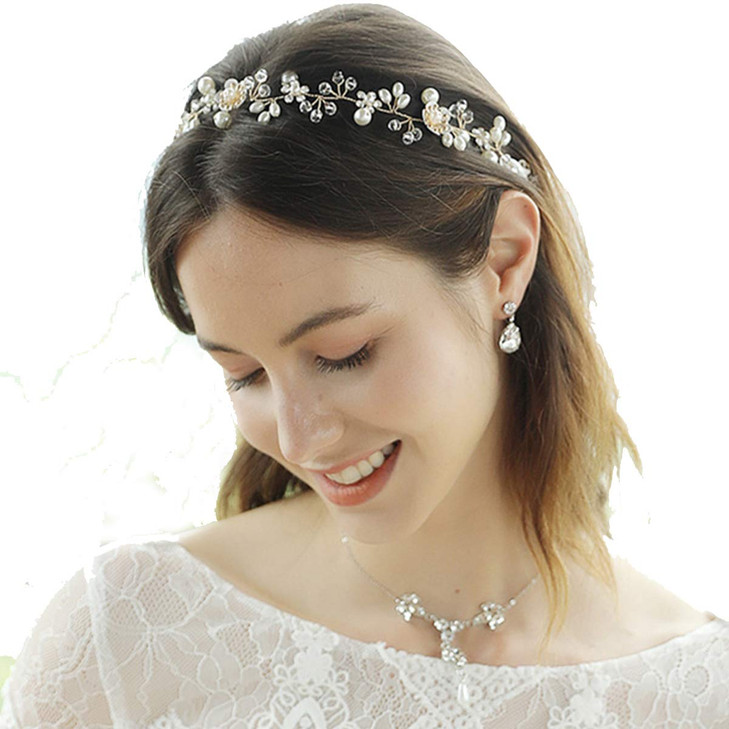 Bridal Hair Vines Crystal Pearls Flower Wedding Hair Accessories Evening Party Tiara Headpiece For Bridesmaid and Flower