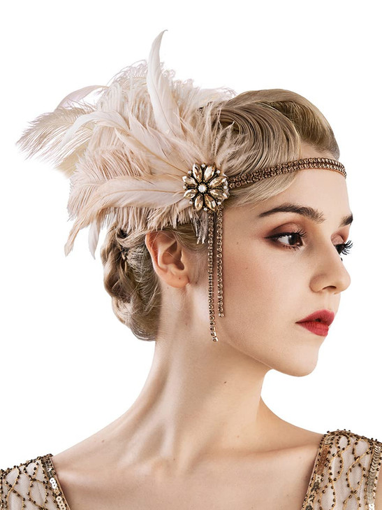SWEETV 1920s Headpiece Flapper Headband Rhinestone Pearl Feather Hair Band Great Gatsby Headpiece Accessoreis for WomenC