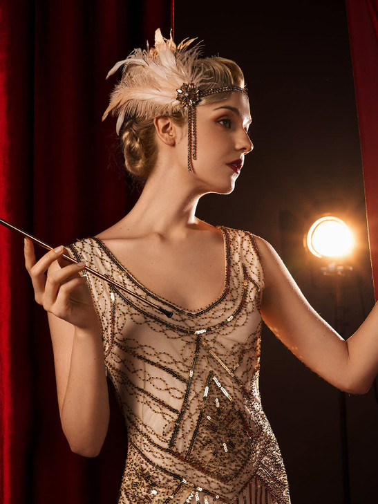 SWEETV 1920s Headpiece Flapper Headband Rhinestone Pearl Feather Hair Band Great Gatsby Headpiece Accessoreis for WomenC