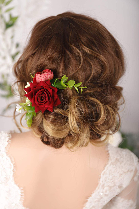 Kercisbeauty Bridal Burgundy Deep Red Flower Hair Comb Clips Wedding Floral Headpiece Hair Accessories for Women and Gir