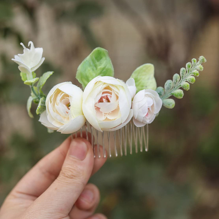 Fangsen Silver Wedding White Rose Hair Comb Floral Bridal Hair Accessory for Women and Girls